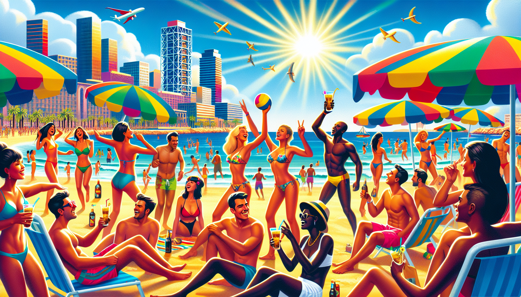 En illustration af Barcelonas solrige strande og livlige partyscene, ideel til stag fester.