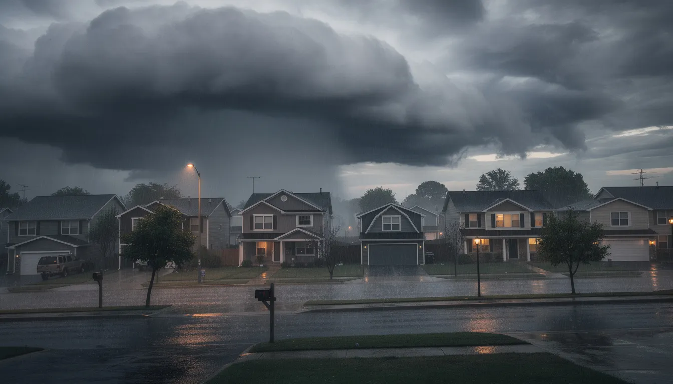 The image depicts dark storm clouds looming over a residential neighborhood, with visible rain falling, suggesting a potential for water damage. Homeowners in this area may need to consider gutter services to protect their properties from the effects of heavy rainfall, ensuring efficient gutter installation and maintenance to prevent clogs and leaks.