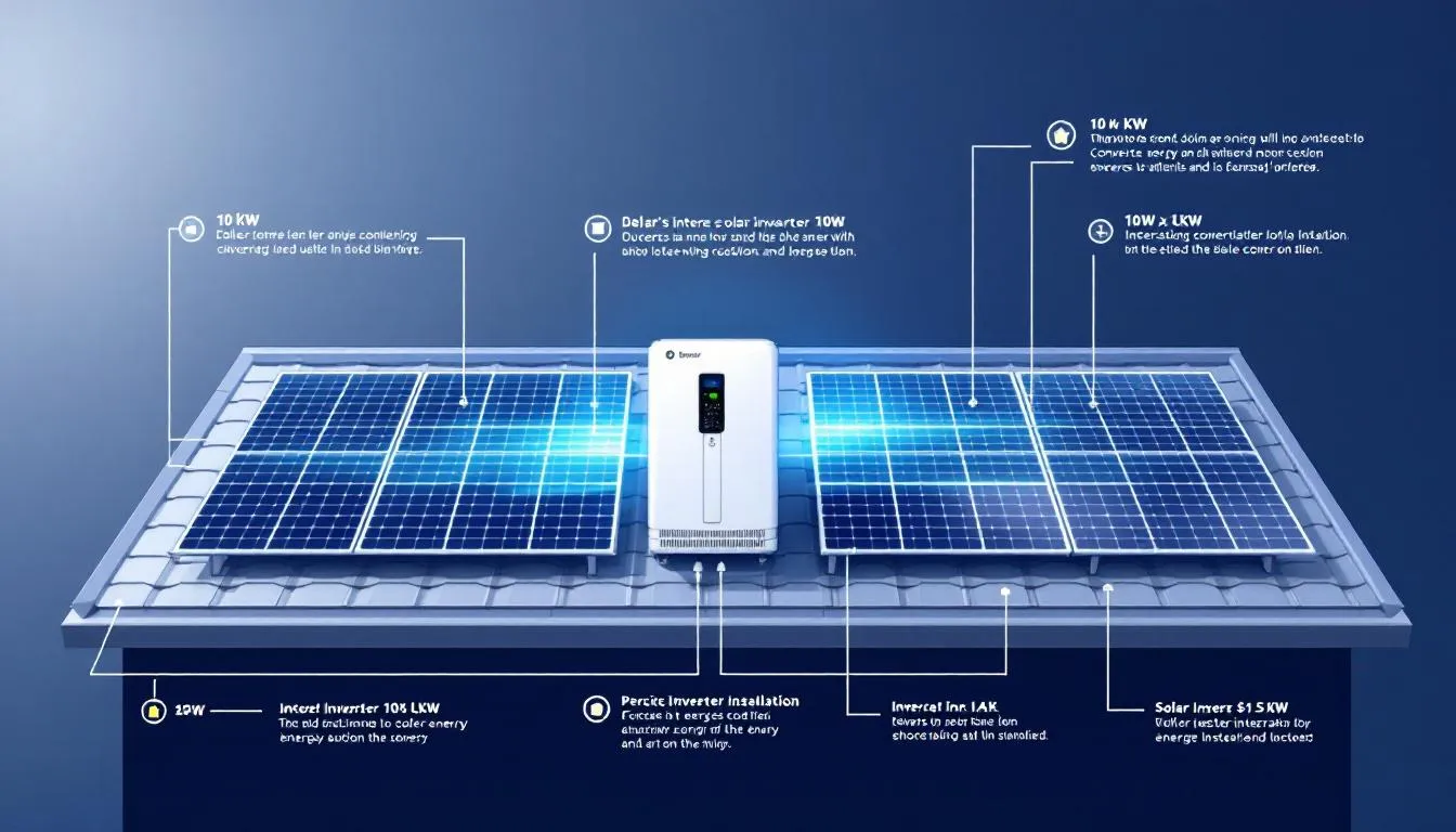 Składniki instalacji fotowoltaicznej 10 kW, w tym panele słoneczne i inwerter.