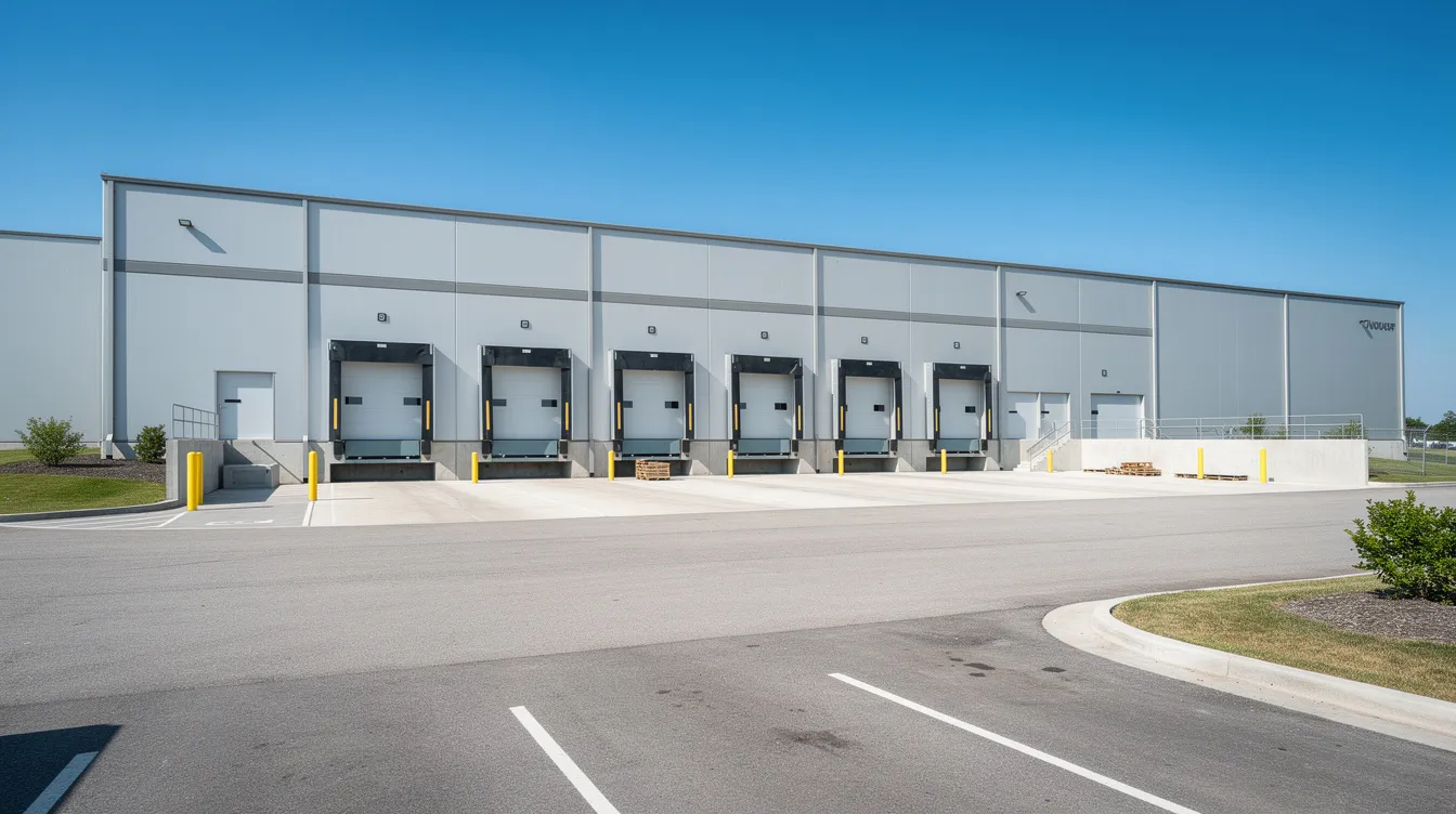 The image depicts a large commercial warehouse building featuring a loading dock, set against a clear blue sky. This facility is essential for businesses engaged in commercial lending transactions and logistics, highlighting the importance of secure locations for asset-based loans and other financing activities.