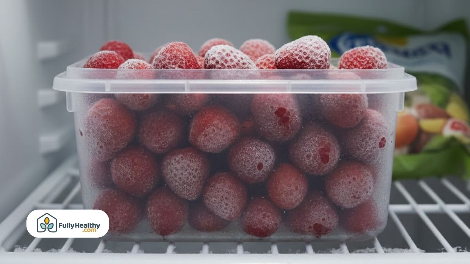 Frozen strawberries stored in a plastic freezer container after freezing.