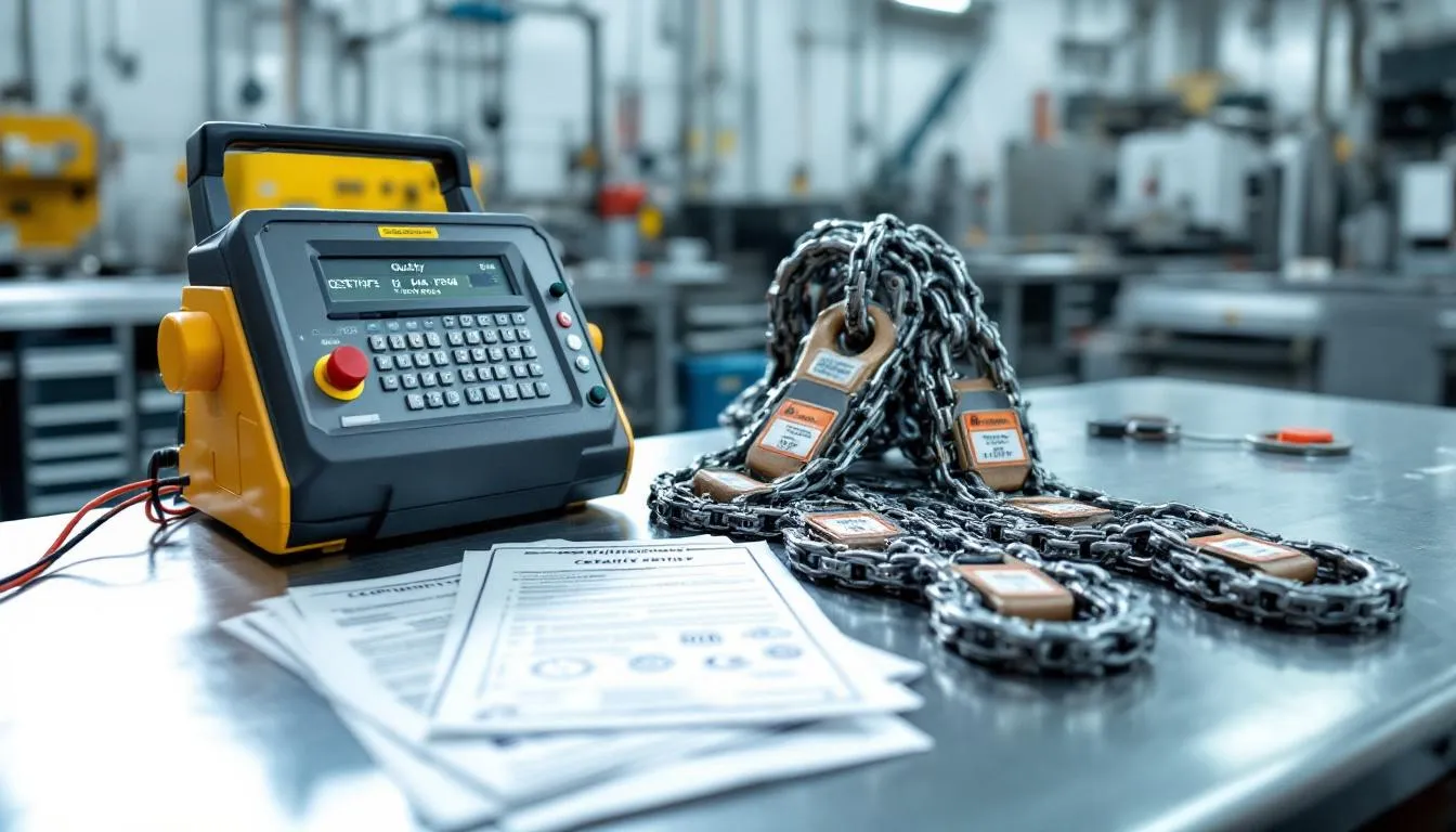 A detailed display of testing equipment alongside certified chain sling components, including various sling hooks and lifting chains, all accompanied by quality documentation to ensure safety and compliance in overhead lifting applications. The setup emphasizes the durability and working load limit of the alloy chain slings and rigging hardware used in high temperature environments.