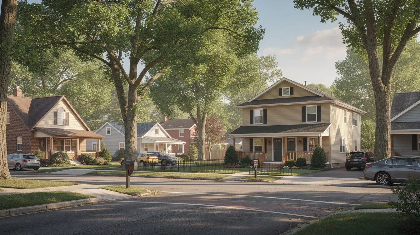 The image depicts a residential neighborhood featuring a mix of single-family homes and a small duplex building along a tree-lined street, ideal for real estate investors looking for properties with potential rental income. This area could attract interest for investment property loans due to its appealing environment and the possibility of positive cash flow from rental properties.