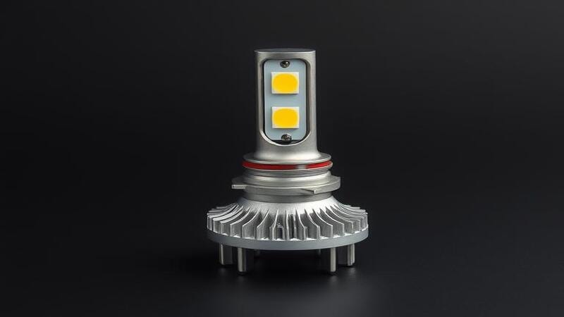 Close-up of an H1 LED headlight bulb showing LED chips and cooling design.