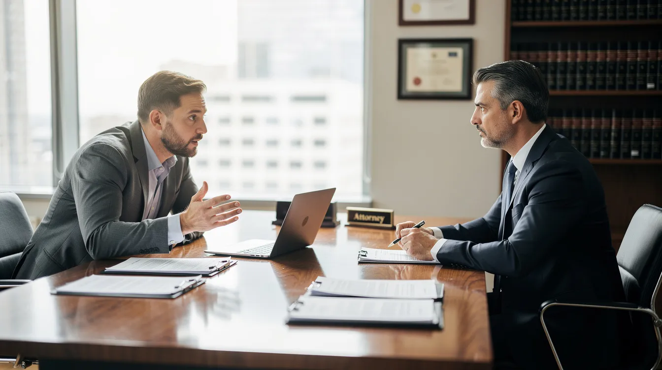 The image depicts a professional office consultation where a person is speaking with an attorney across a desk, discussing legal options related to dog bite injuries. This scene suggests an examination of dog bite laws and potential claims for victims seeking compensation for medical expenses and emotional distress.