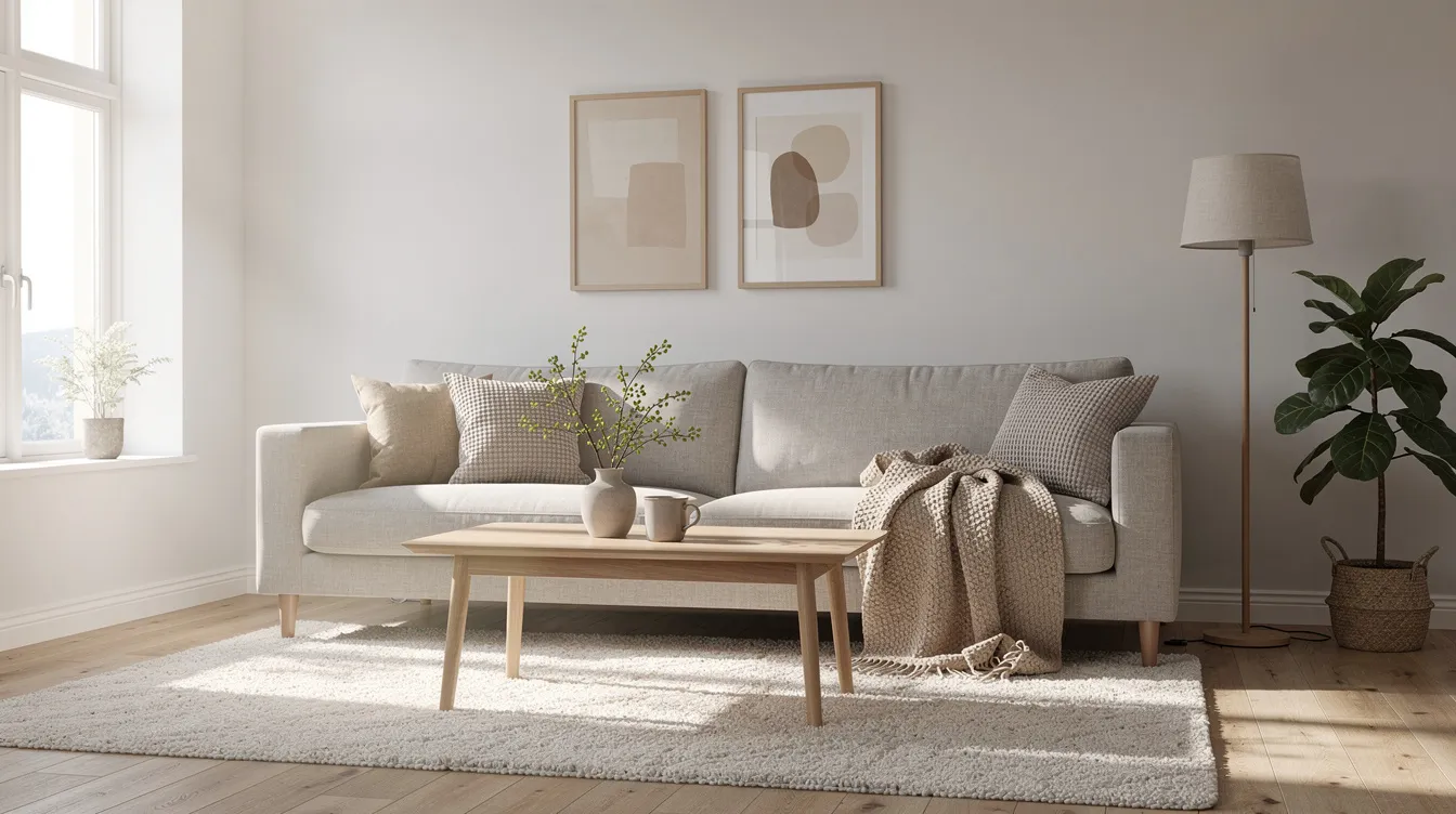 Ett mysigt svenskt vardagsrum med en neutral tresitssoffa som släpper in naturligt ljus, vilket skapar en inbjudande atmosfär. Soffan är av hög kvalitet och passar perfekt för avkoppling i hemmet.