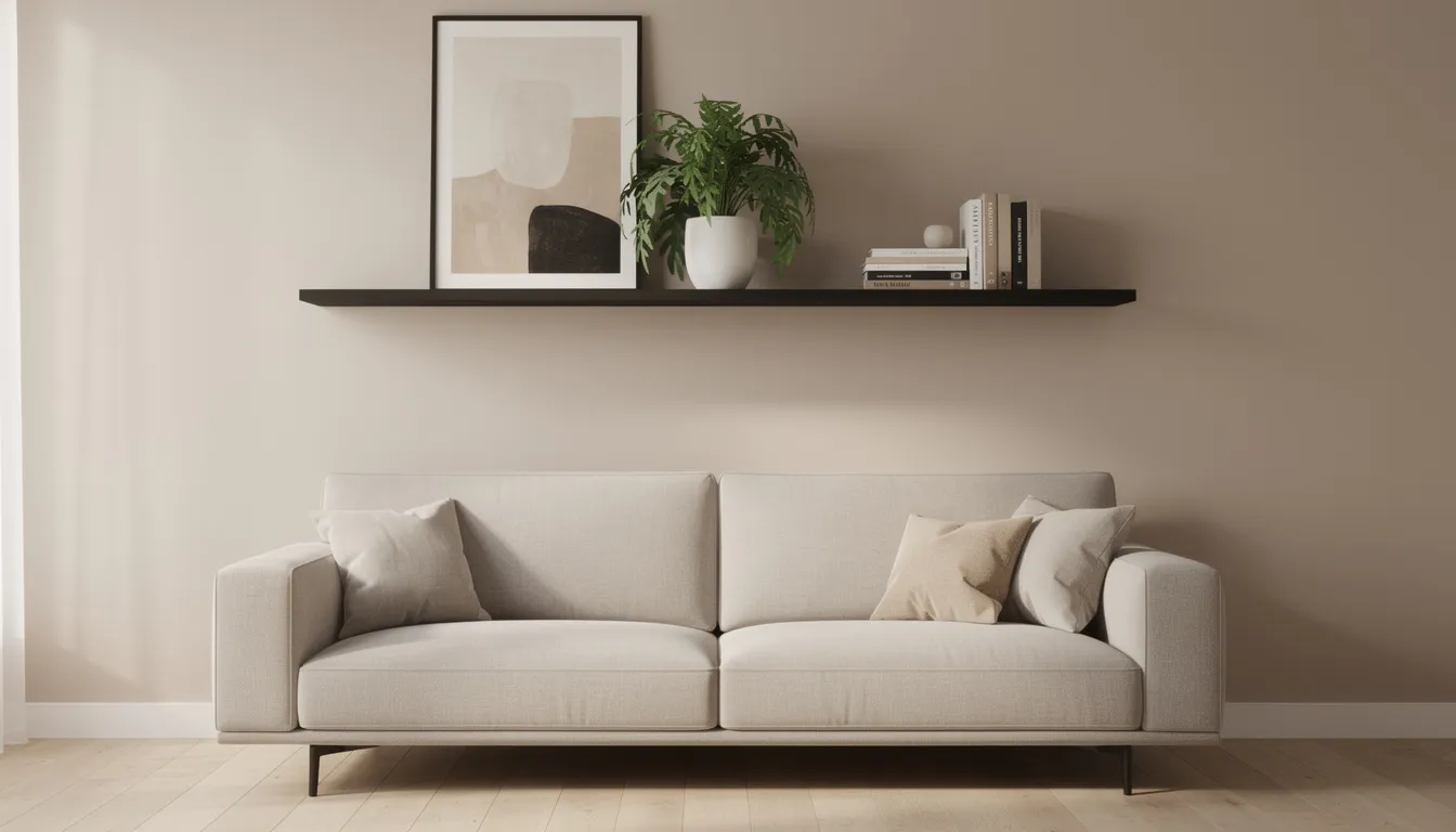 In een stijlvolle woonkamer is een strakke zwarte wandplank bevestigd boven een beige bank. De wandplank is versierd met een kunstprint, een groene plant en enkele designboeken, wat bijdraagt aan de moderne en functionele uitstraling van het interieur.