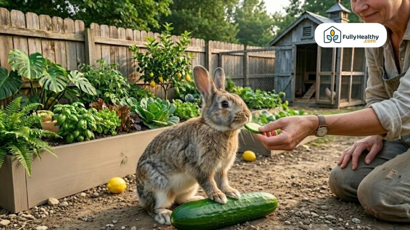 Person hand feeding rabbit cucumber slice in backyard garden with coop