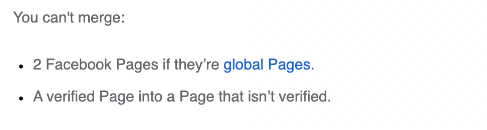 When you can not merge Facebook Pages. Source: Facebook.com