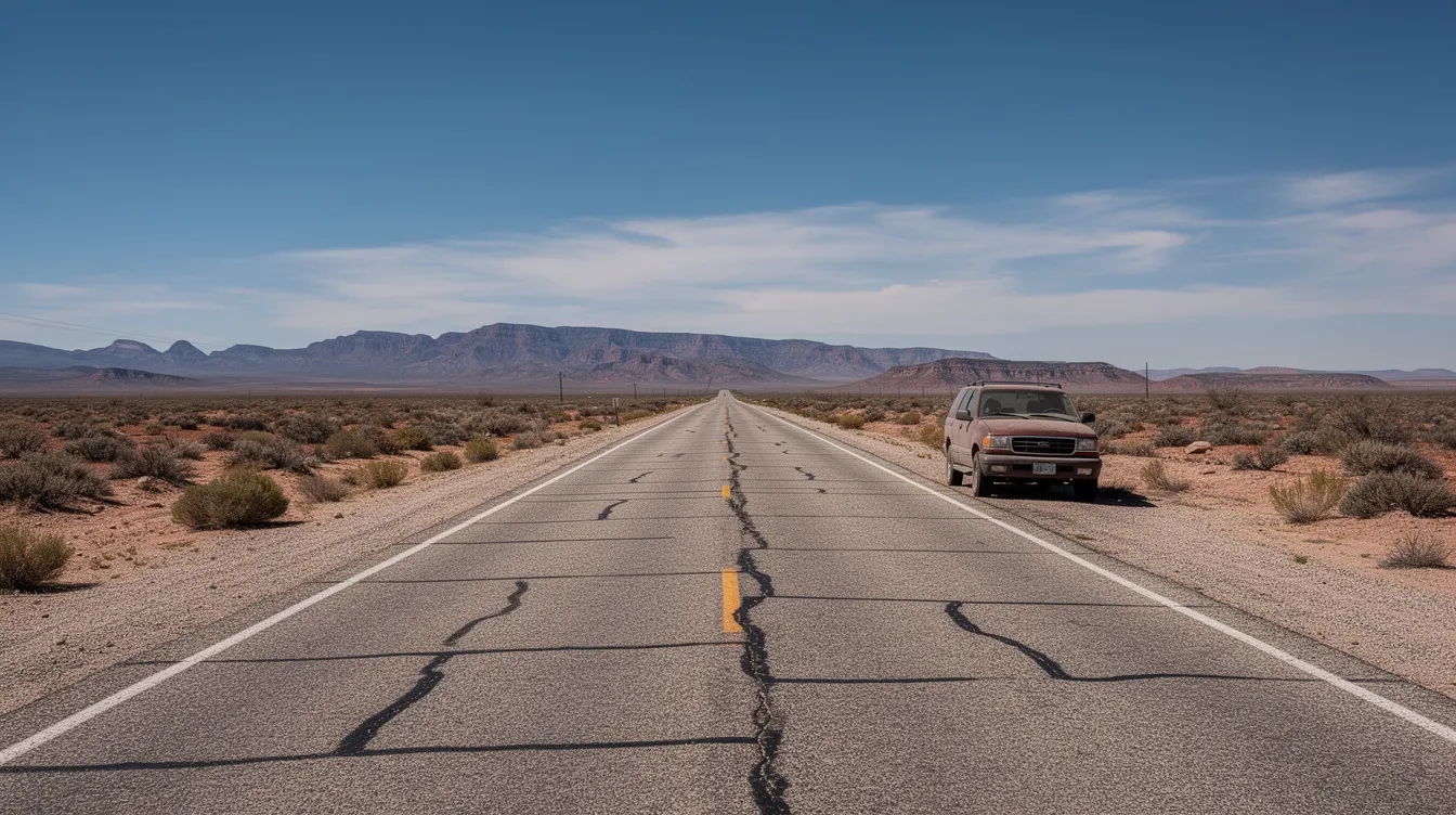 The image depicts a serene desert road in New Mexico, flanked by distant mountains under a clear blue sky, with a parked vehicle on the roadside. This tranquil scene contrasts with the discussions surrounding firearm laws and public safety in the state, highlighting the balance between recreational use and regulations like concealed carry and gun control.