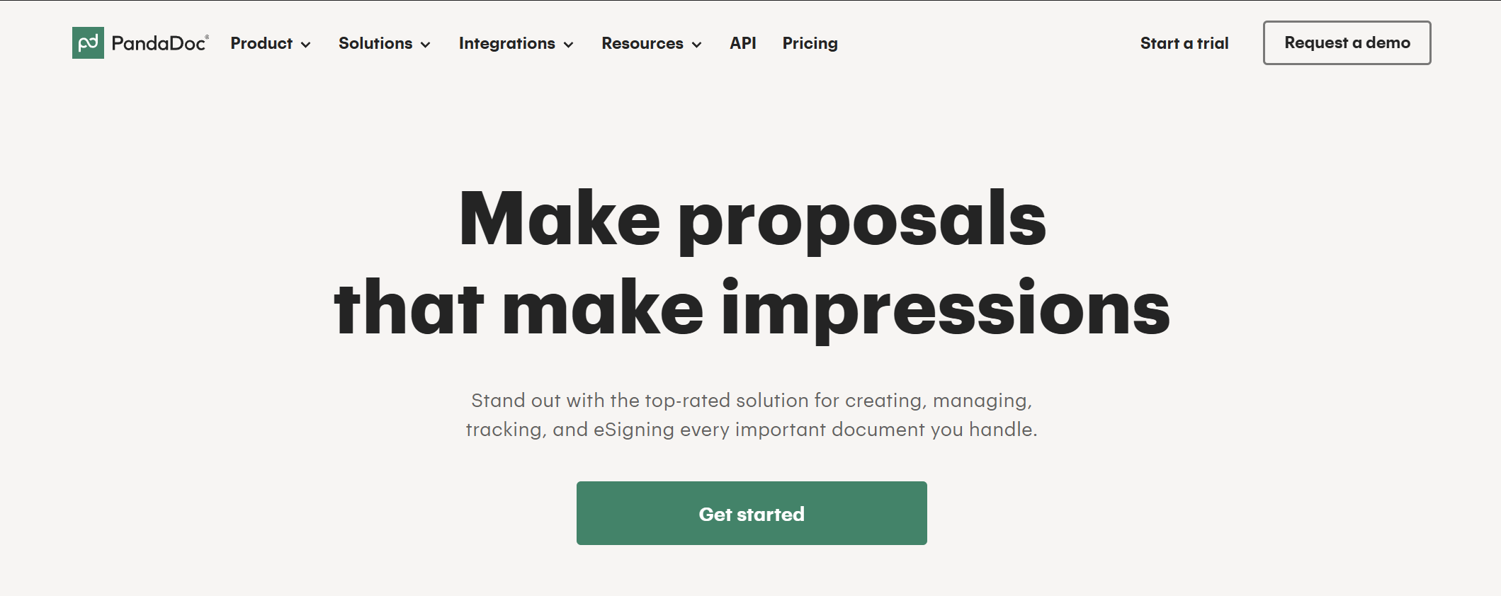 PandaDoc homepage promoting proposal creation, document management, tracking, and eSignature tools, with options to start a trial or request a demo.
