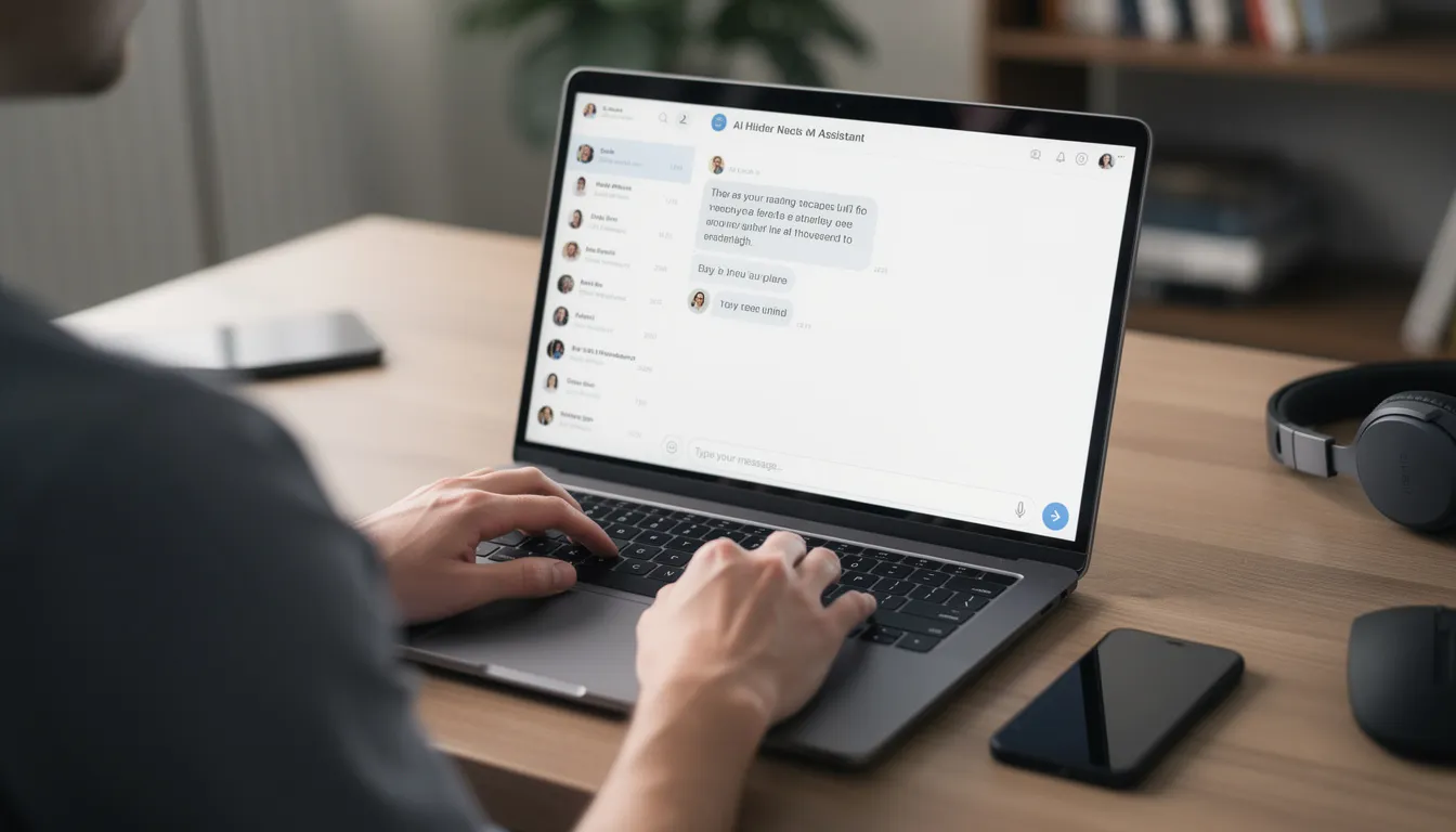 Eine Person arbeitet an einem Laptop, auf dessen Bildschirm eine Benutzeroberfläche eines KI-Assistenten sichtbar ist, die Informationen zur KI-Optimierung und Suchmaschinenstrategien anzeigt. Die Szene vermittelt den Eindruck von modernem Arbeiten mit Hilfe von KI-Systemen und deren Anwendungen in der digitalen Welt.
