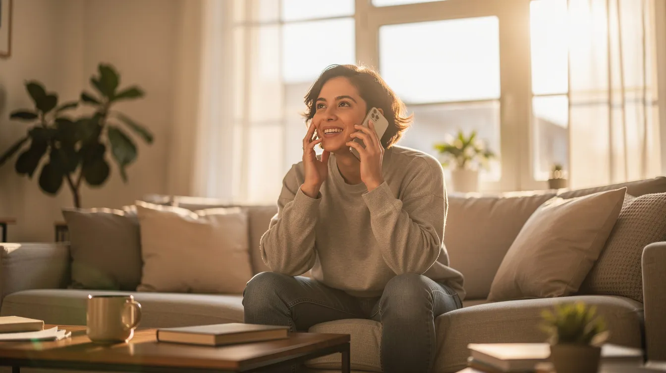 A hopeful individual is seated in a bright living room, engaged in a phone call, possibly seeking legal counsel from a personal injury lawyer regarding their case. The warm atmosphere suggests a sense of optimism as they navigate the legal process for personal injury claims.