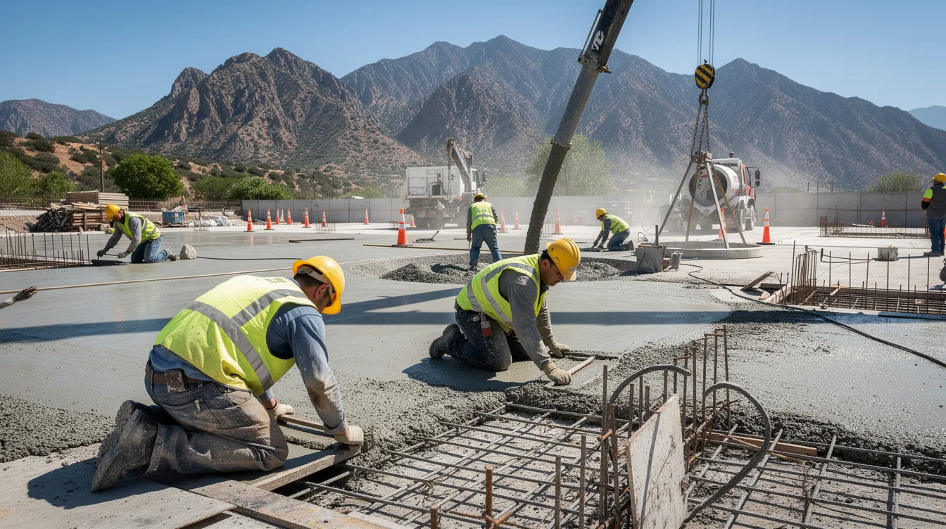 A group of construction workers wearing hard hats and reflective vests are diligently working on a sunny concrete jobsite, with distant mountains visible in the background. To protect workers from heat-related illnesses, it's essential they take frequent breaks and stay hydrated, especially in such hot environments.