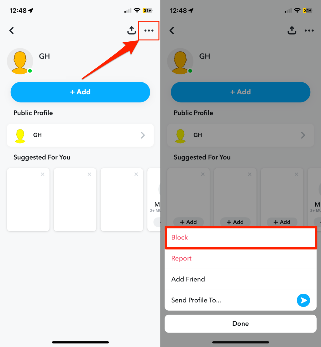 Steps for blocking someone on Snapchat through username search