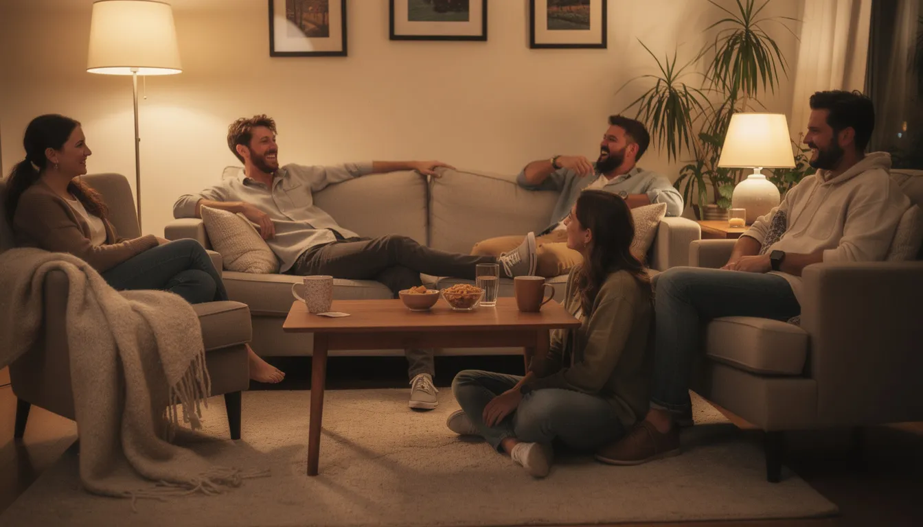 Eine Gruppe von Freunden sitzt entspannt in einem gemütlichen Wohnzimmer, umgeben von warmer Beleuchtung und einer angenehmen Atmosphäre, während sie sich über die Cannabis-Kultur austauschen. Im Hintergrund sind einige Produkte und Artikel sichtbar, die auf ein angenehmes Einkaufserlebnis hinweisen, perfekt für alle, die die Welt des Cannabiskonsums erkunden möchten.