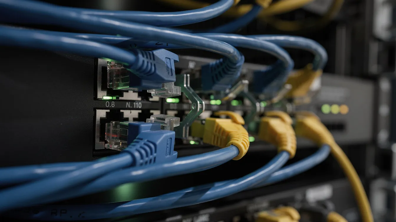 A close-up view of network cables connected to a server rack switch, featuring green and amber activity lights indicating network status. This image reflects the infrastructure crucial for hosting services, where users may experience service interruptions during scheduled maintenance or technical issues.