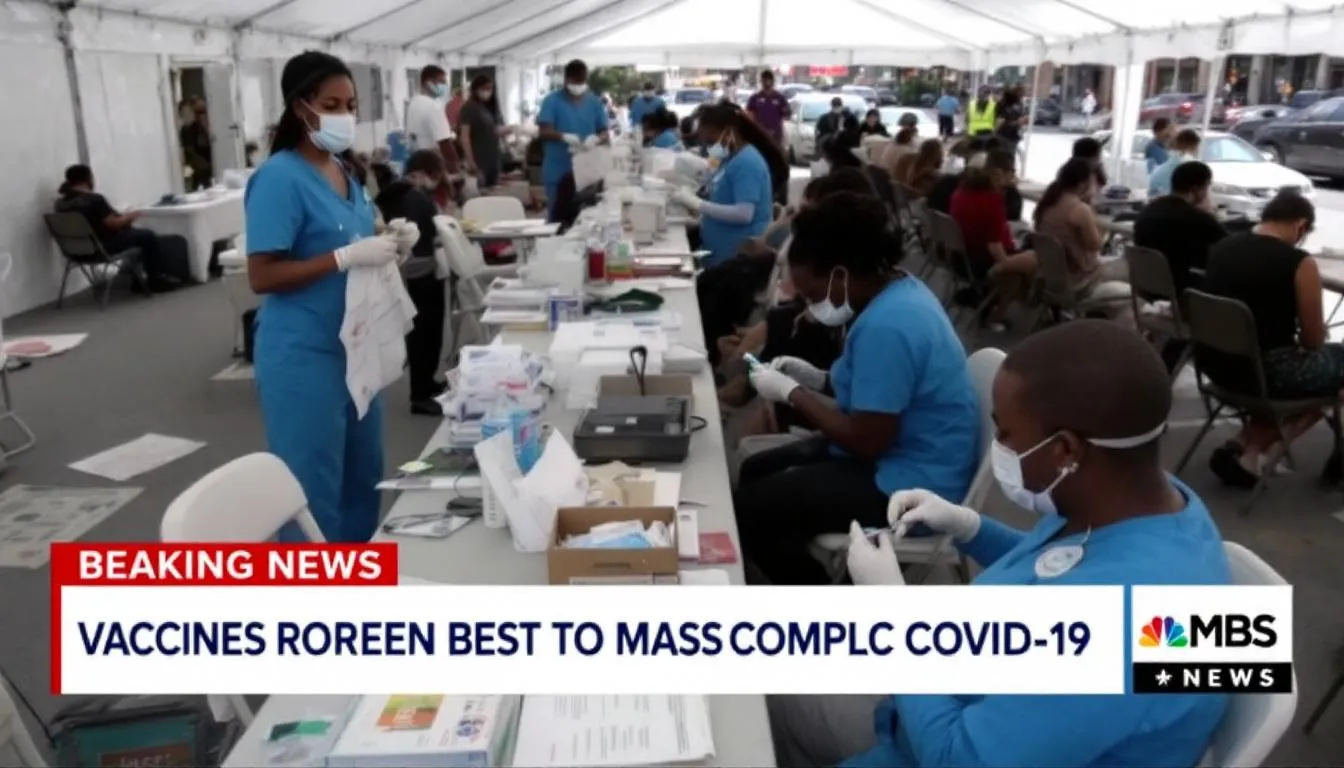 The image depicts a mass vaccination site in New York City, where healthcare workers are actively administering COVID-19 vaccines to New Yorkers. This public health initiative, aimed at combating the greatest public health crisis, showcases the commitment of public health officials to ensure the safety and health of the community.