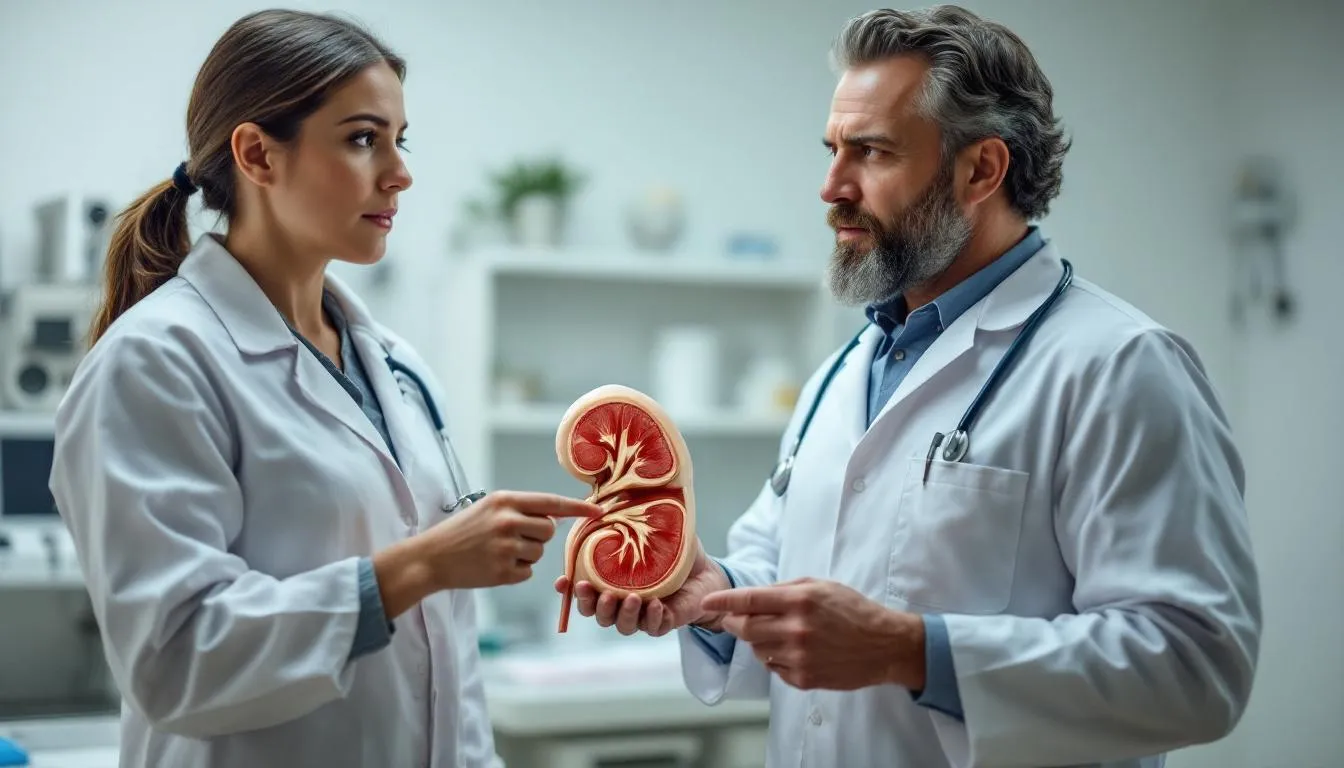 A veterinarian is using a detailed model to explain kidney anatomy to a dog owner, highlighting the importance of kidney function and the implications of chronic kidney disease in dogs. The model illustrates how kidney failure in dogs can affect red blood cell production and overall health, emphasizing the need for early diagnosis and appropriate treatment plans.