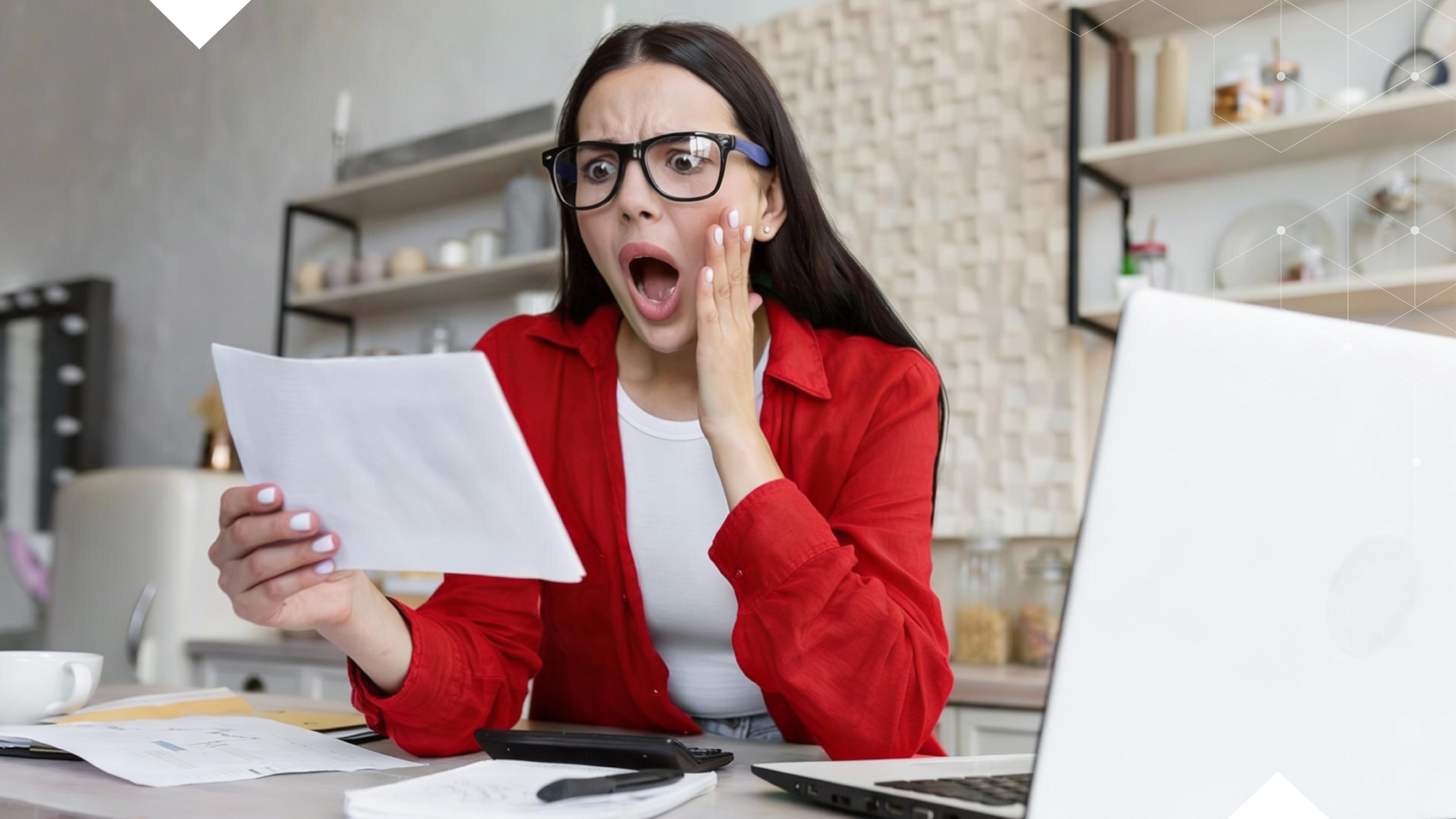 A surprised person reviewing telecommunications service invoices, highlighting billing errors and the potential for significant cost savings.