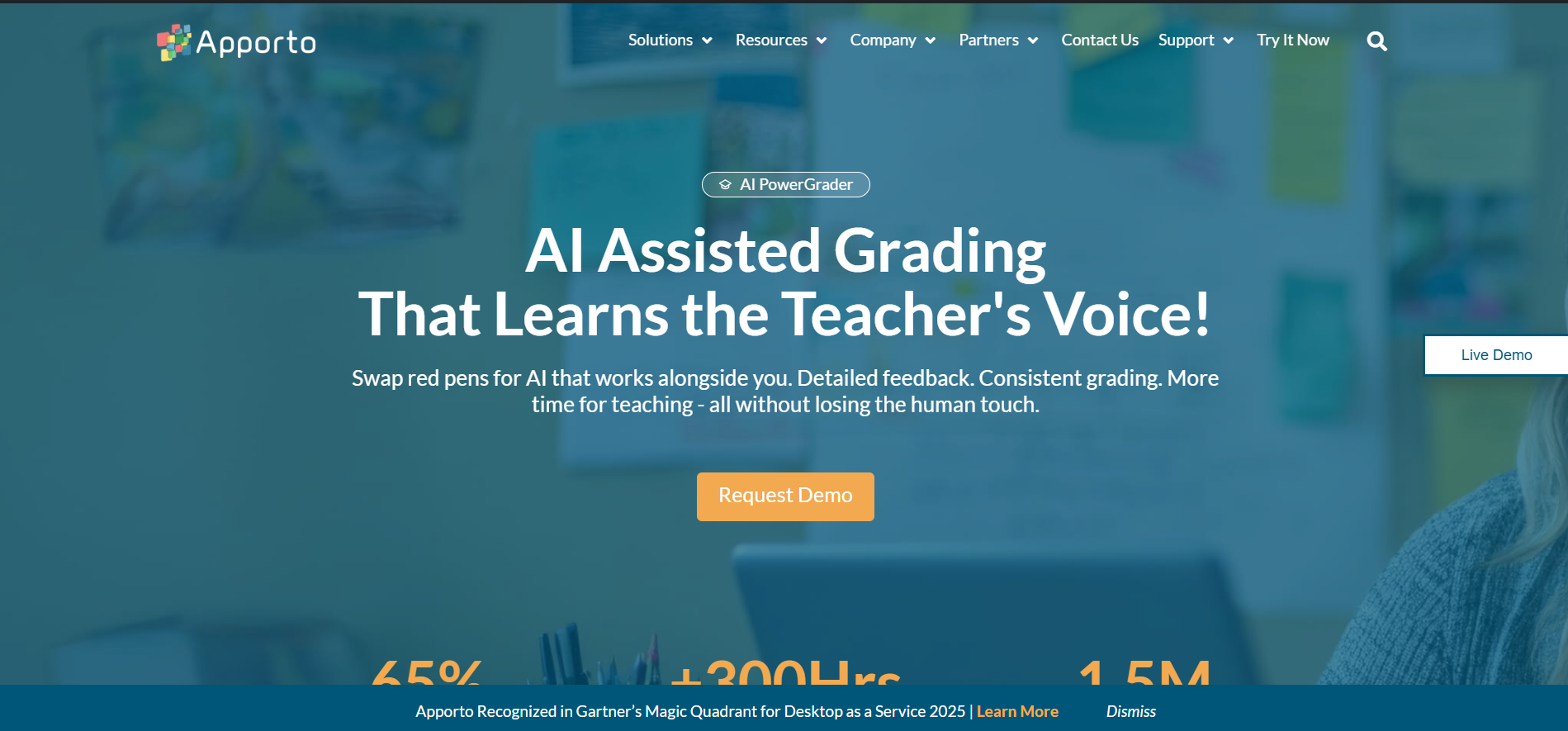 Apporto AI PowerGrader dashboard showcasing AI-assisted grading with personalized teacher feedback, automated assessment, and writing evaluation tools.