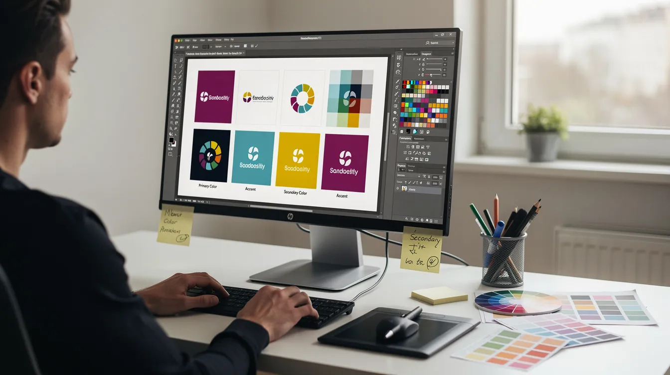 A designer is focused on creating brand assets on a computer screen, showcasing vibrant color palettes and design elements. This scene reflects the process of developing a strong brand identity for private label products in the dropshipping business.