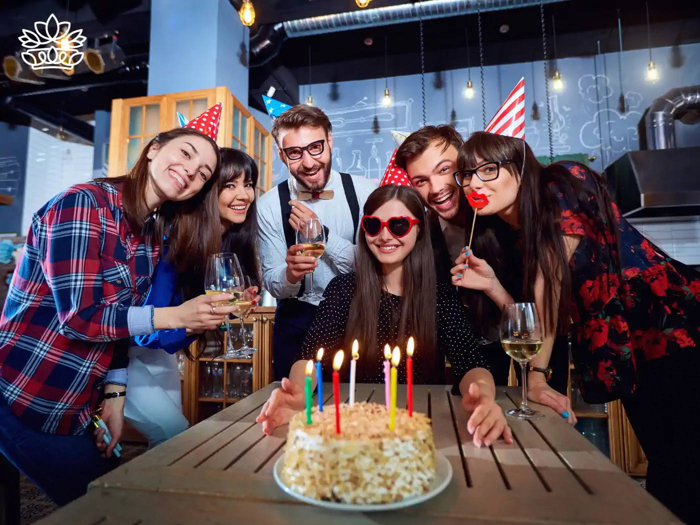 A group of friends wearing party hats and glasses, holding a birthday cake with lit candles. Fabulous Flowers and Gifts. Taurus Flowers & Gifts Collection.