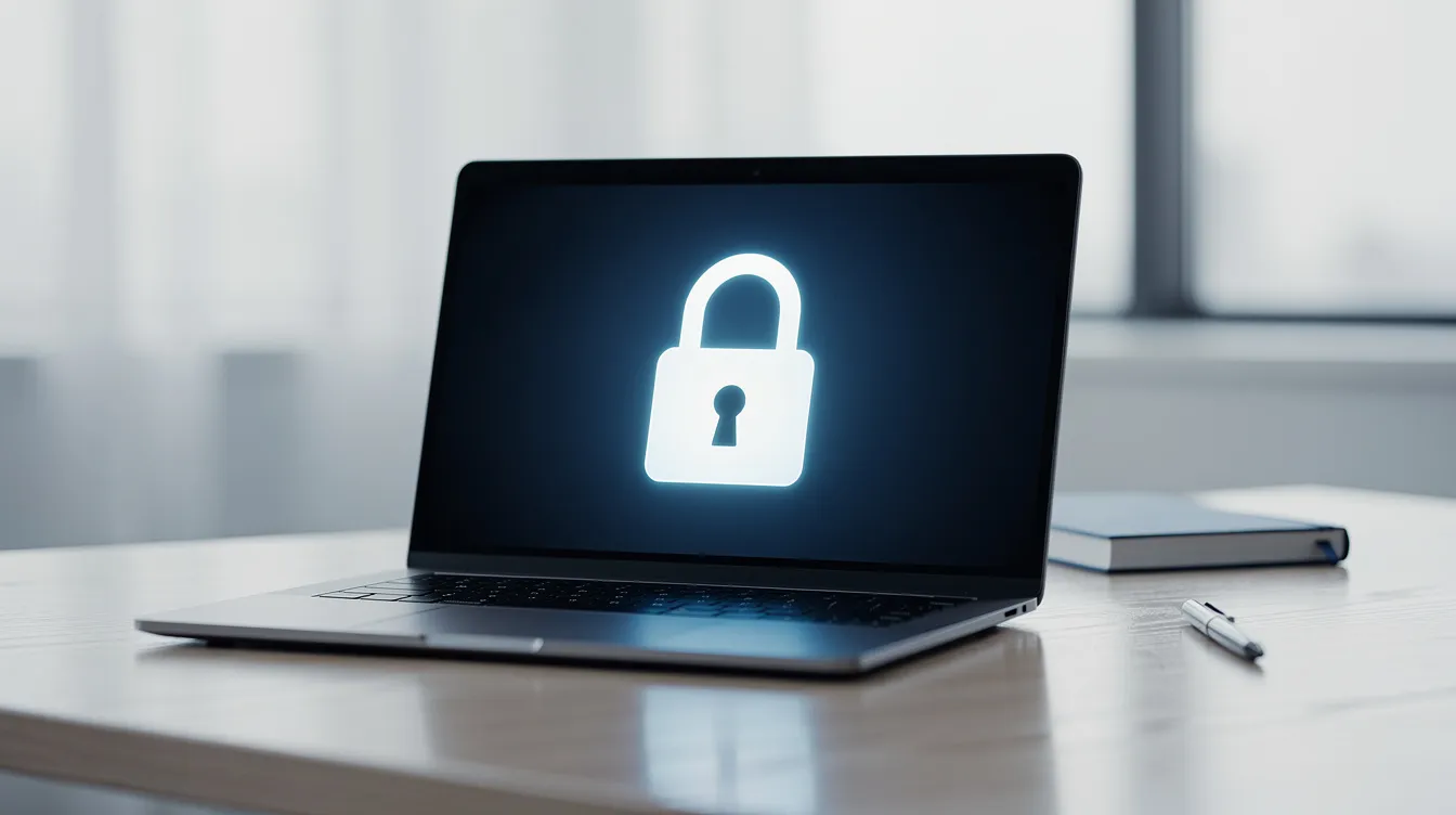 Ein Laptop steht auf einem Schreibtisch, über dem ein Symbol eines Vorhängeschlosses schwebt, das digitale Sicherheit symbolisiert. Diese Darstellung könnte den Zugang zum badenova Kundenportal und die Bedeutung von Passwortschutz für den Schutz persönlicher Daten verdeutlichen.