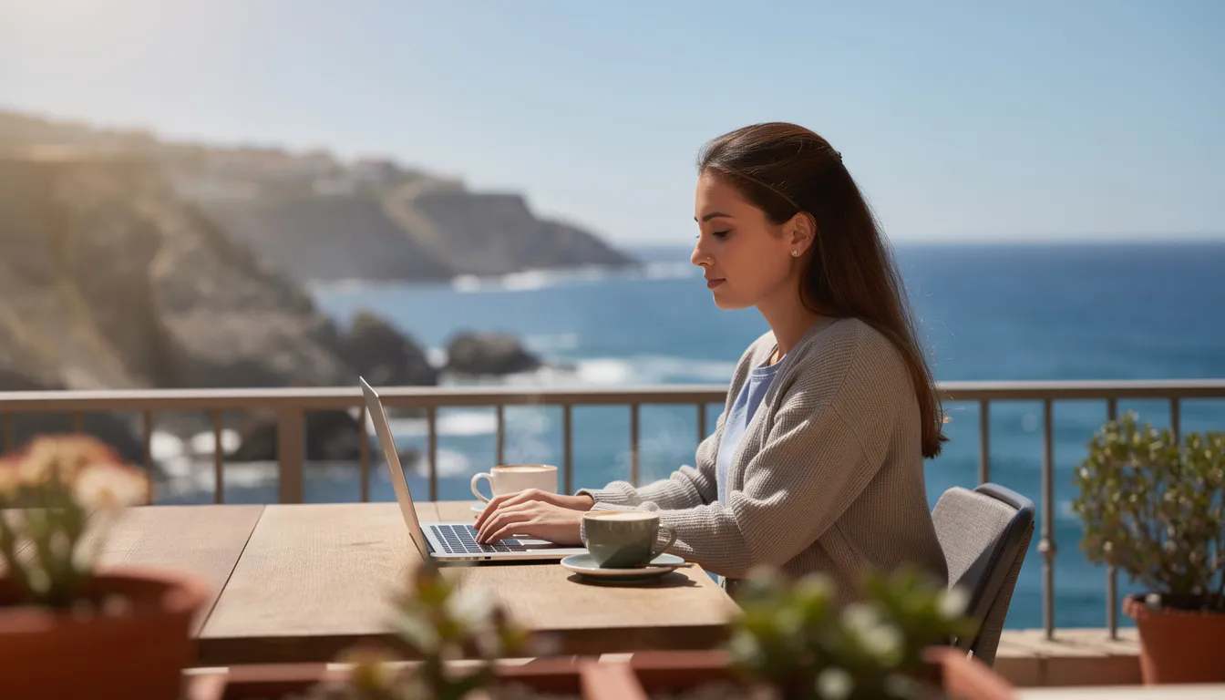 A woman is seated at a table, working on her laptop while enjoying a scenic coastal view, with a cup of coffee beside her. This serene setting suggests a blend of productivity and relaxation, ideal for incorporating AI tools into her marketing strategy.