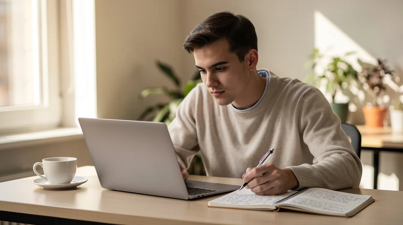 A young professional is studying at a desk in a well-lit workspace, surrounded by a laptop, a notebook, and a coffee cup, focused on capturing semantic meaning and enhancing their knowledge in natural language processing. The organized setting reflects a conducive environment for tasks such as exploring vector embeddings and understanding semantic relationships.