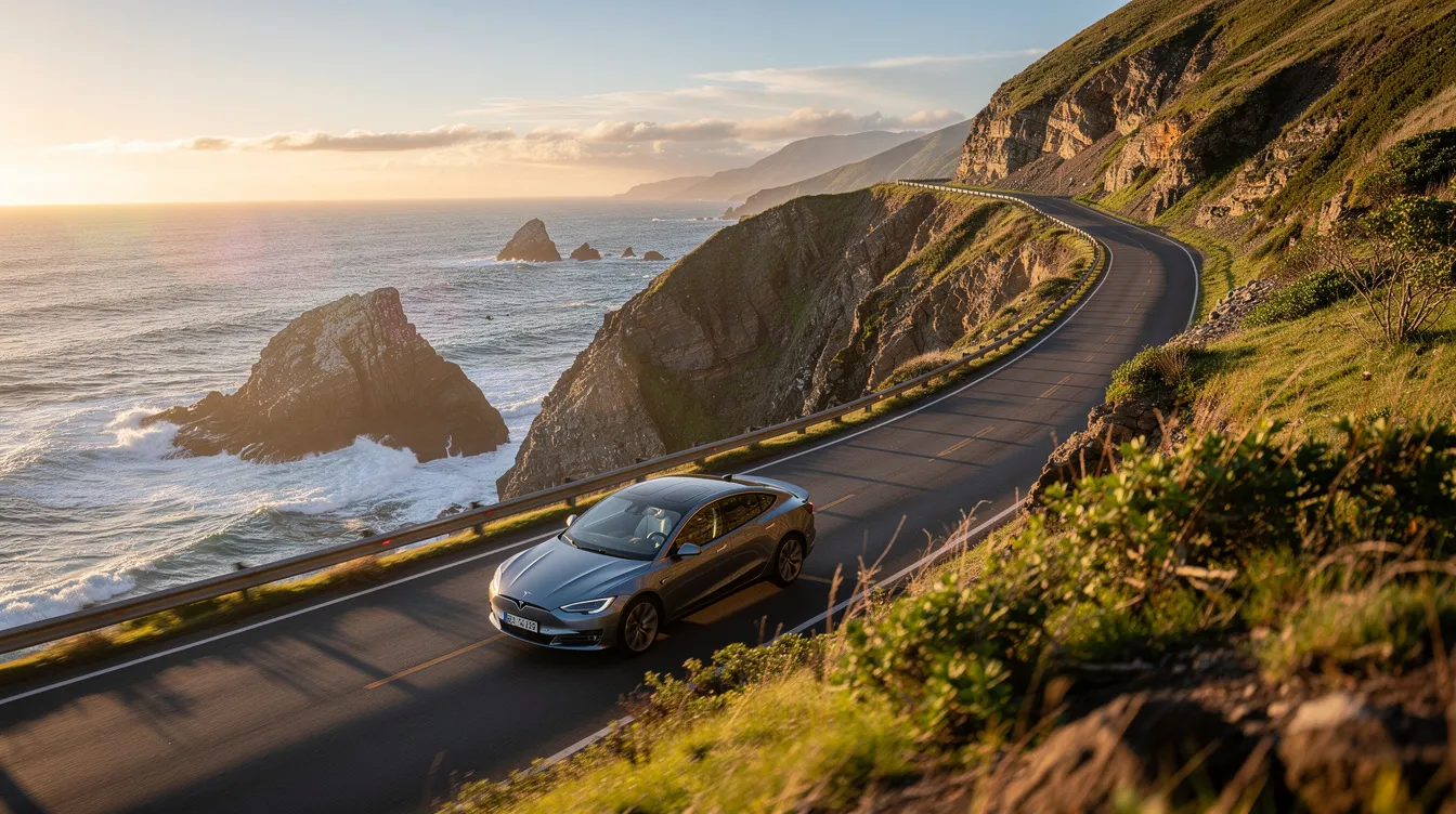 A scenic coastal road winds along dramatic cliffs, with a rental car driving smoothly beside the ocean. This picturesque view highlights the beauty of traveling abroad, reminding drivers to carry a valid driver's license and consider obtaining an international driving permit for a seamless experience.