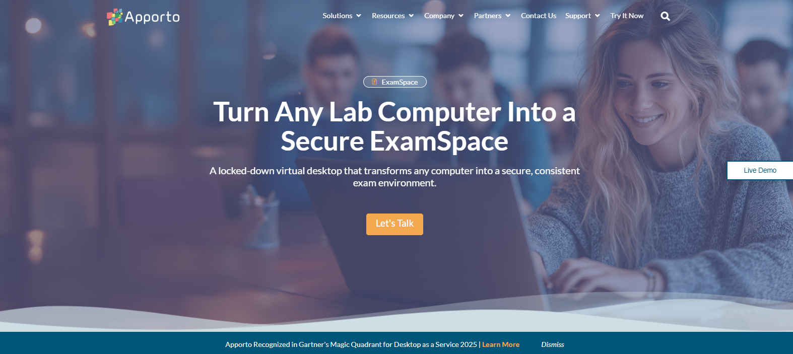 Apporto ExamSpace homepage showcasing a secure virtual desktop platform for online exams, enabling locked-down testing environments and academic integrity for educational institutions.