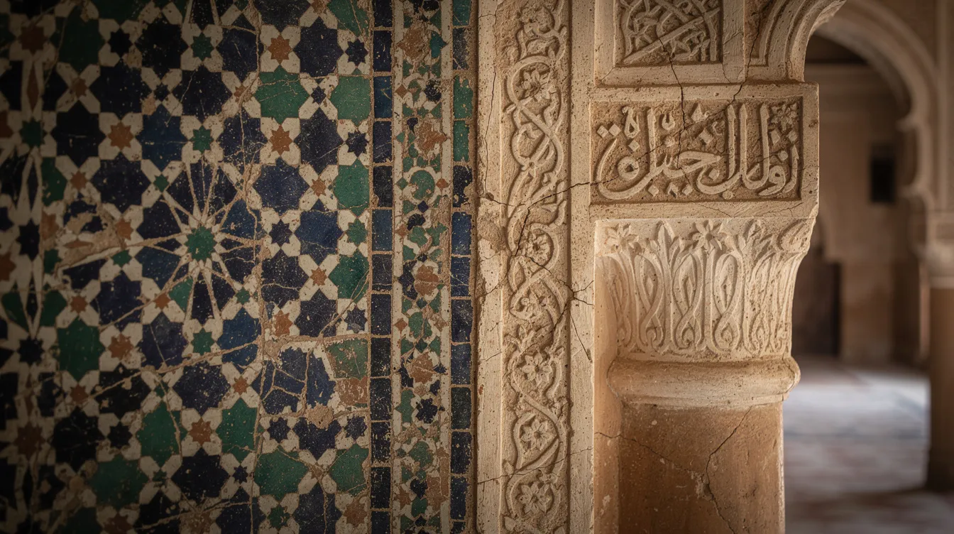 The image features a close-up view of intricate Moroccan zellige tiles and beautifully carved plasterwork inside a historic medersa, showcasing the rich cultural heritage and artistry of Morocco. The vibrant patterns and textures reflect the country's unique architectural style, often found in its cities and villages, and highlight the significance of traditional craftsmanship in Moroccan culture.