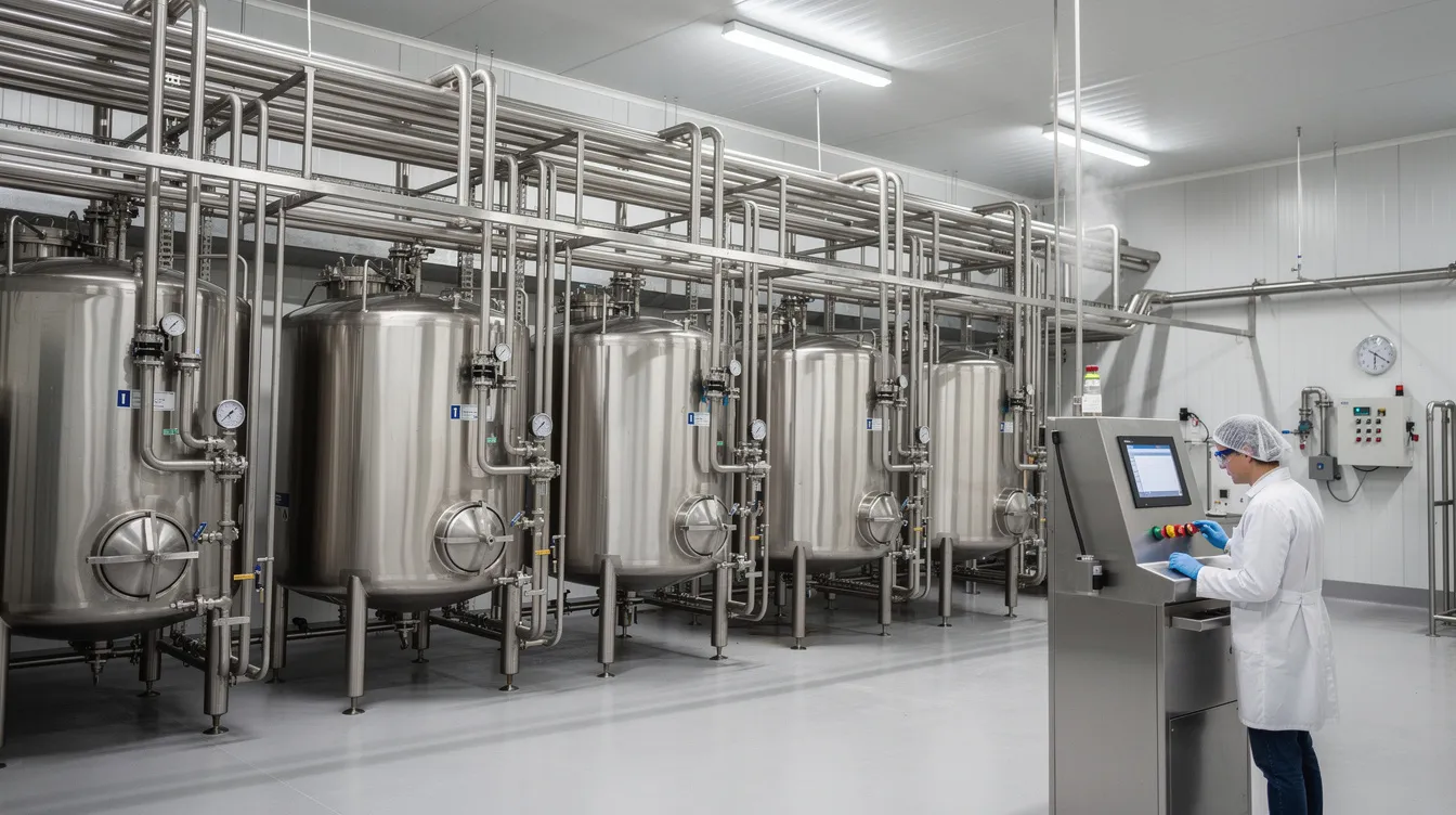 The image depicts the interior of a modern stainless-steel dairy processing facility, showcasing large tanks and intricate piping, with an operator carefully monitoring the industrial ice cream equipment. This setting is essential for the ice cream production process, ensuring the proper mixing and freezing of ingredients to create a uniform and high-quality final product.