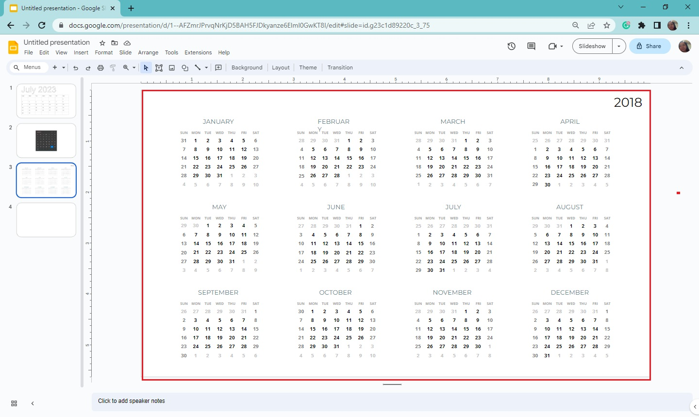 wait until your imported calendar slide appears on your Google Slides.