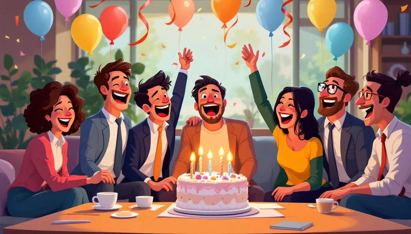 A group of colleagues celebrating a birthday with a group greeting card.