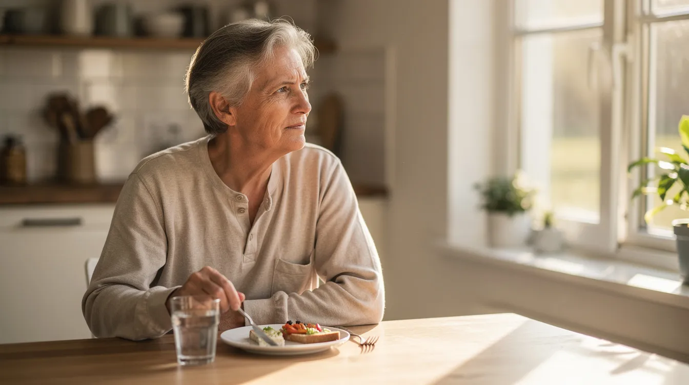 An older adult sits at a bright kitchen table, gazing thoughtfully out the window while a small plate of healthy food rests in front of them. This scene reflects the importance of adequate nutrition for older adults, highlighting how smaller meals can contribute to overall health and well-being.