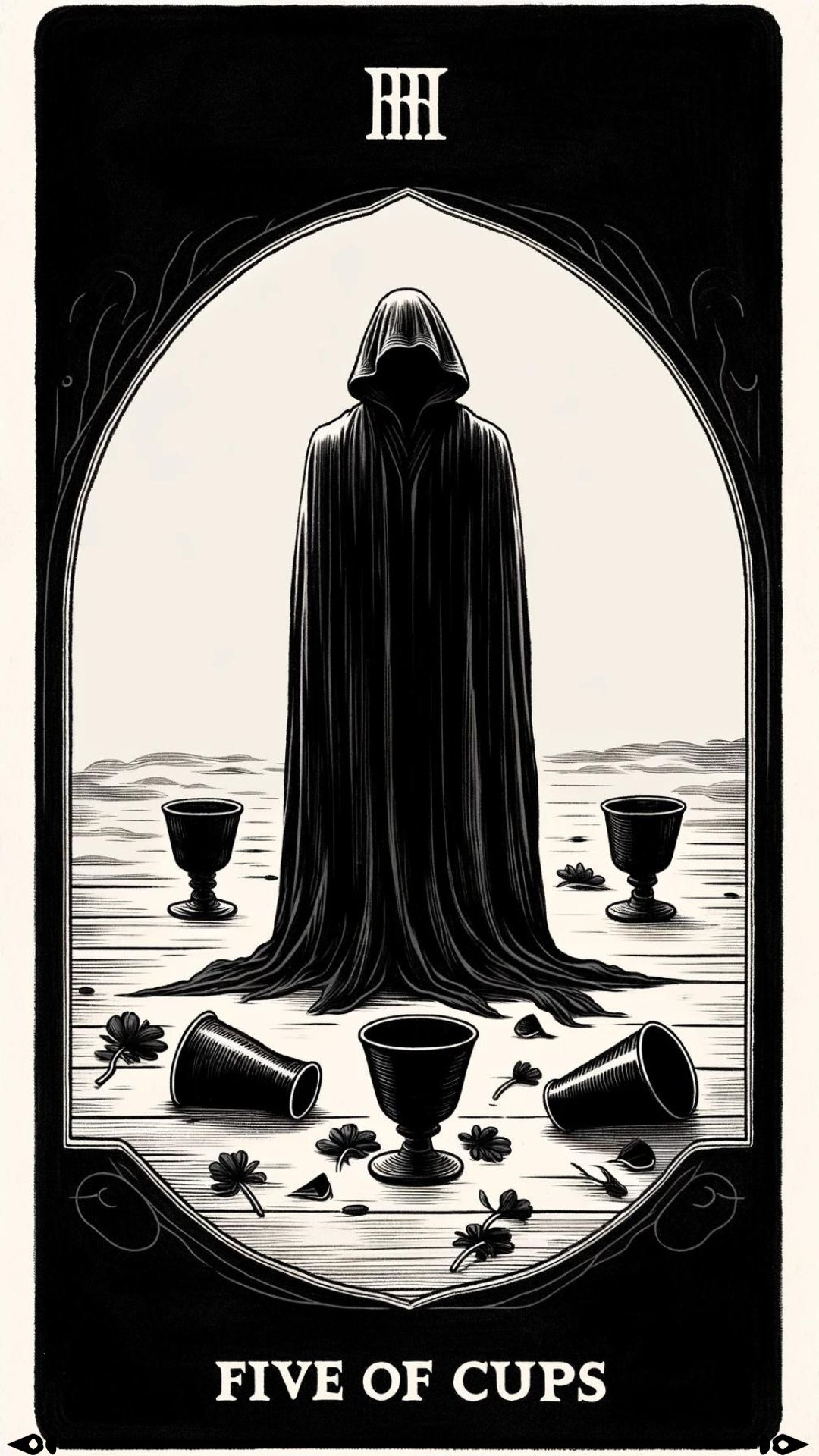 An illustration of the Five of Cups tarot card, showcasing a figure in a black cloak seen from behind, symbolizing self-pity and loss. In front of them, three cups are depicted as overturned, representing disappointments or missed opportunities. Behind the figure, subtly positioned on the ground, are two upright cups, signifying unseen potential and hope amidst despair. The minimalistic setting highlights the theme of sorrow, yet suggests the presence of unacknowledged possibilities.