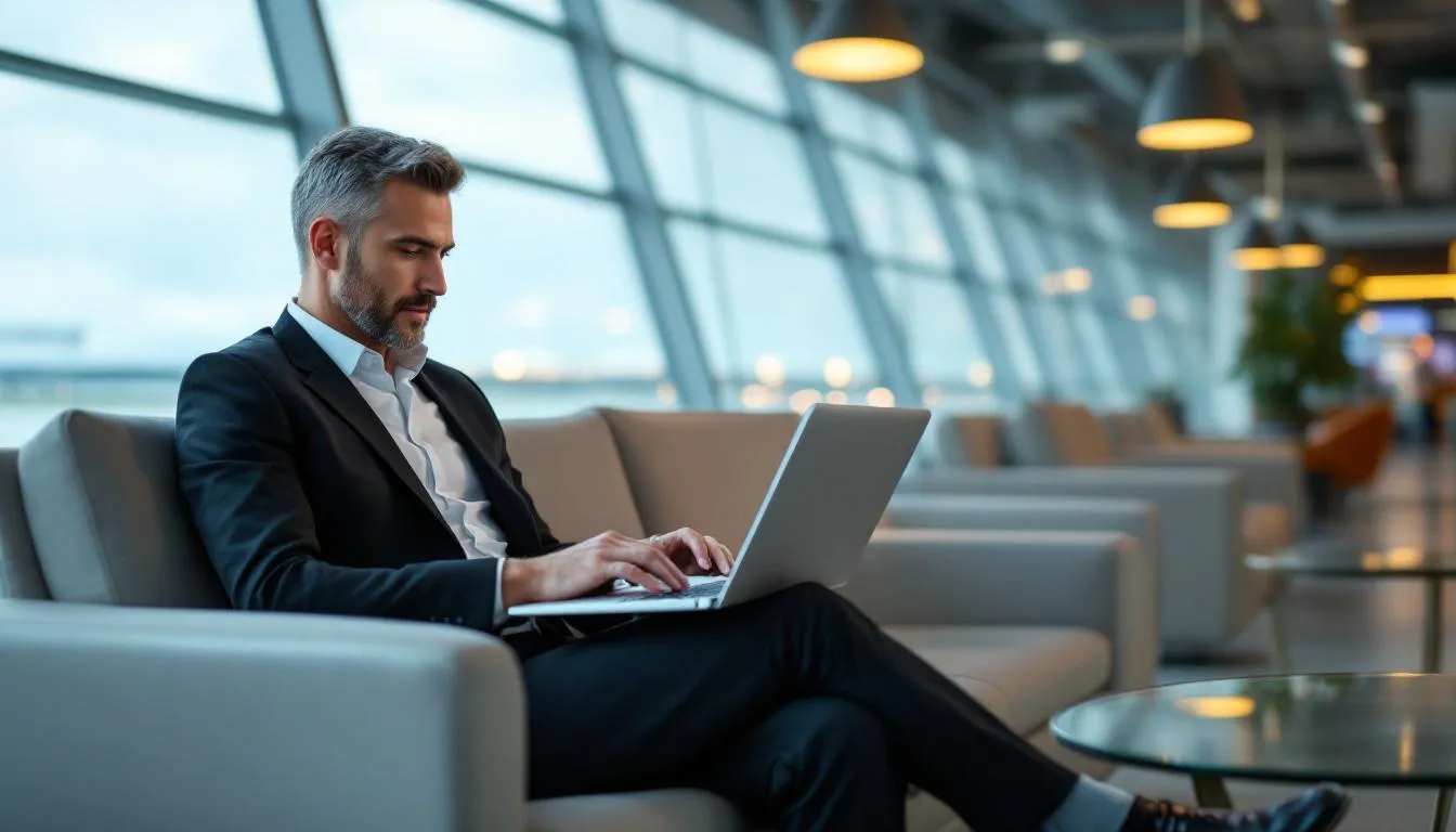 Un professionnel utilise un ordinateur portable léger dans un salon moderne d'aéroport, profitant de la connectivité Wi-Fi 6 pour travailler efficacement lors de ses déplacements. L'appareil, probablement équipé d'un processeur Intel Core ou AMD Ryzen, reflète les besoins des commerciaux et consultants itinérants en matière de portabilité et de performance.