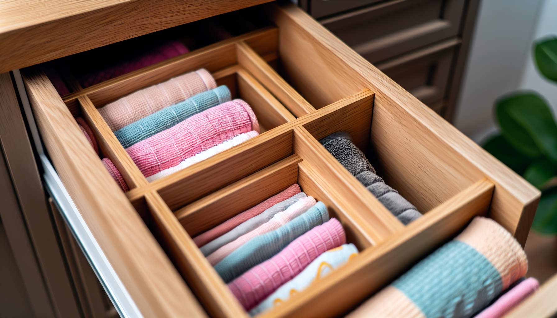 Organized kitchen towels in a drawer with dividers