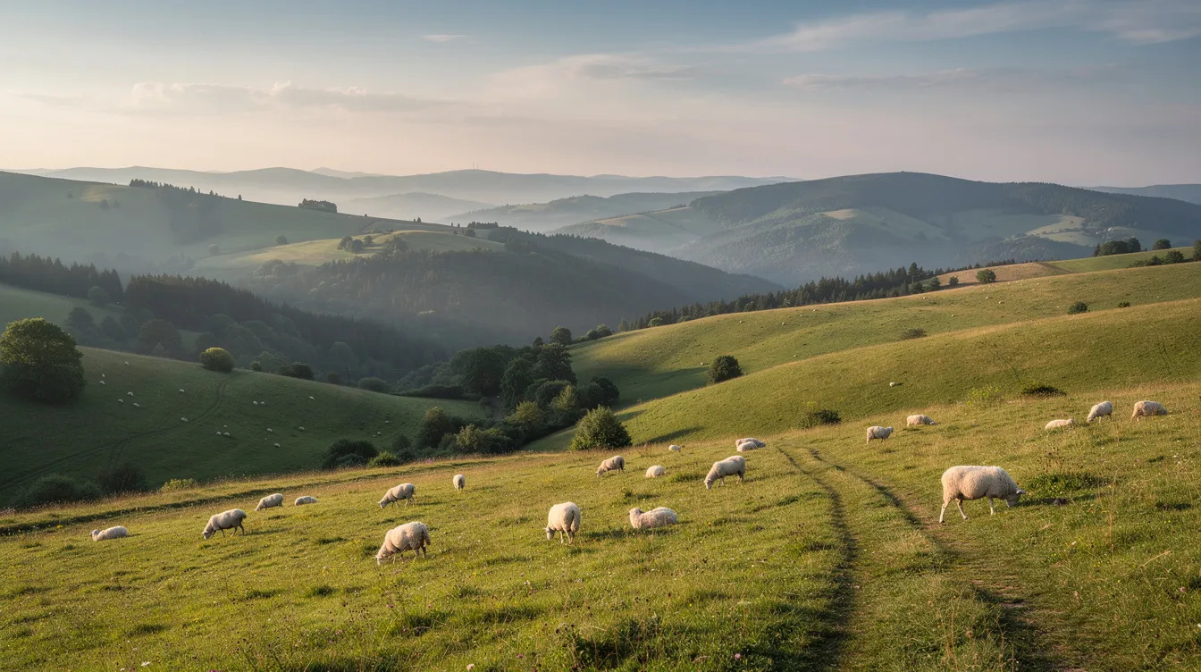 Na zdjęciu widoczna jest panorama łagodnych beskidzkich grzbietów, pokrytych zielonymi polanami, na których pasą się owce. To malownicze miejsce, idealne na wakacje w górach, oferujące przepiękne widoki oraz bliskość natury.