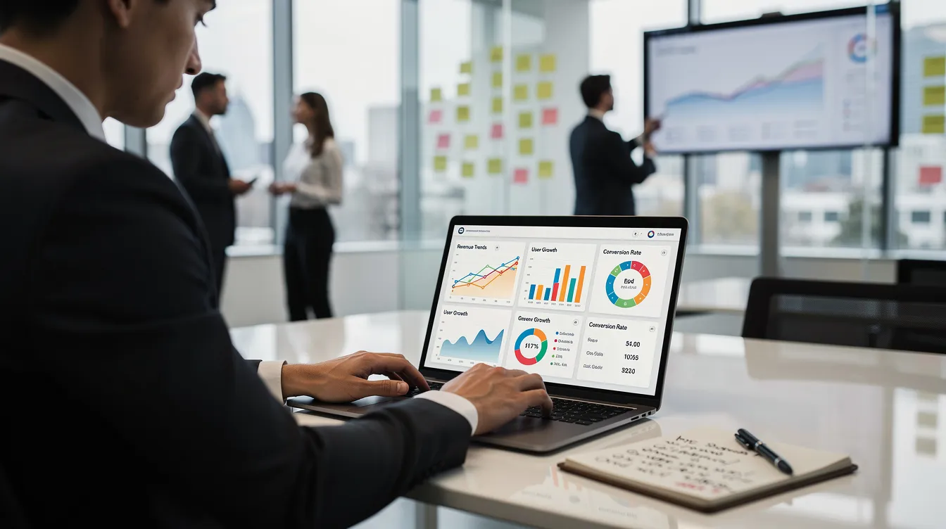 A professional seated at a desk, focused on a laptop that displays various data analytics charts and graphs relating to work based learning program management.