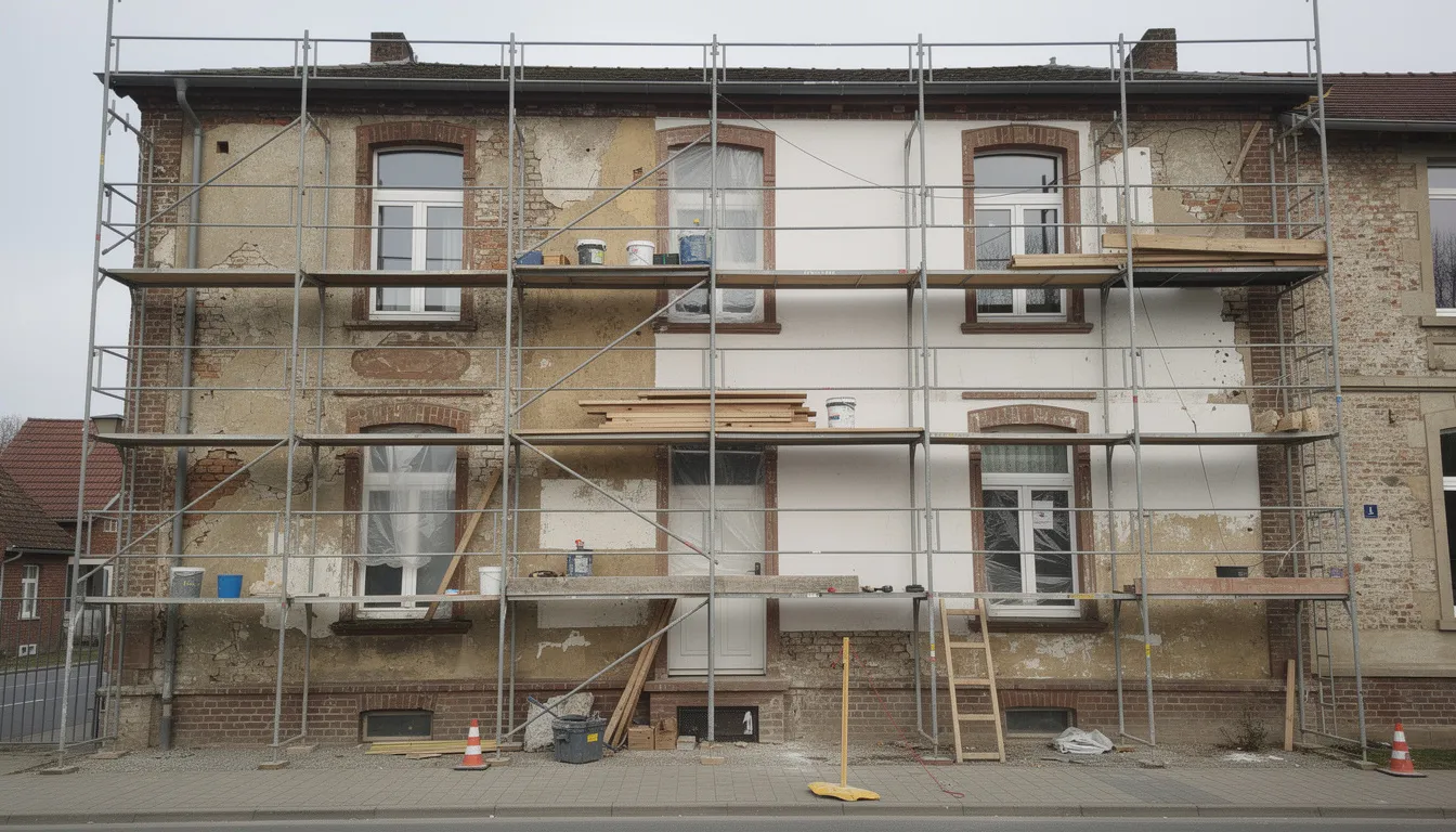 Une façade de maison en cours de ravalement est visible, entourée d'un échafaudage. Des artisans peintres travaillent sur ce projet de rénovation, mettant en avant leur savoir-faire dans le domaine de la peinture extérieure à Vertou, en Loire-Atlantique.