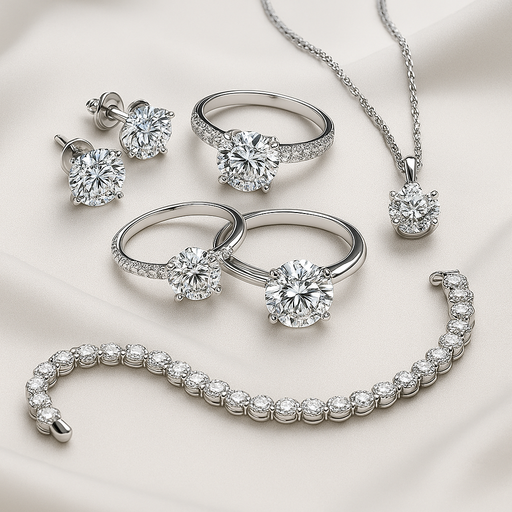 Deimantiniai papuošalai – auskarai, žiedas, pakabukas ir tennis apyrankė