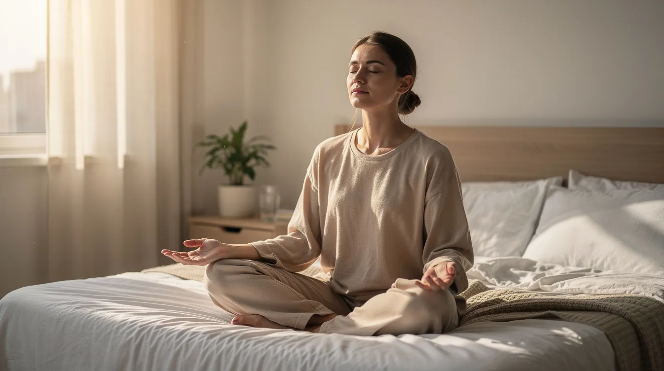 A person is sitting cross-legged on a bed, practicing deep breathing with their eyes closed, promoting relaxation and mental calmness. This scene emphasizes body awareness and the importance of deep breaths for reducing stress and enhancing overall well-being.