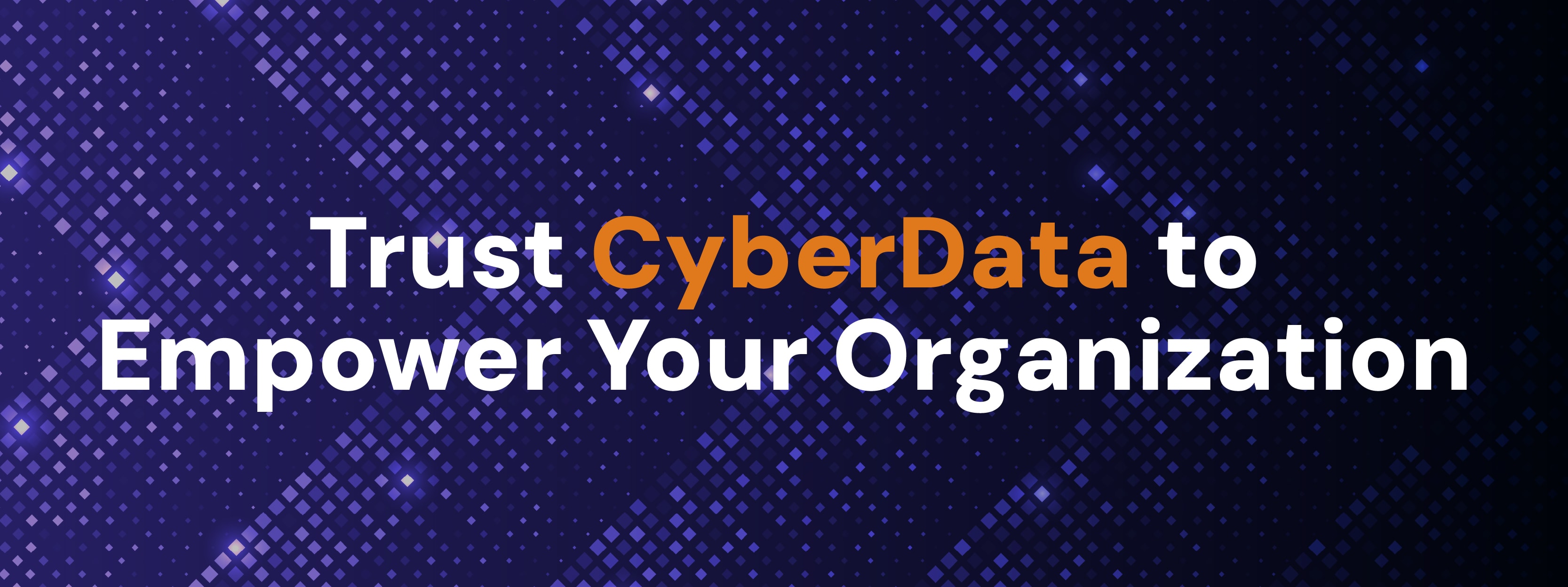Text on dark patterned background reads “Trust CyberData to Empower Your Organization,” promoting communication strategy and enhanced customer experience across different regions.