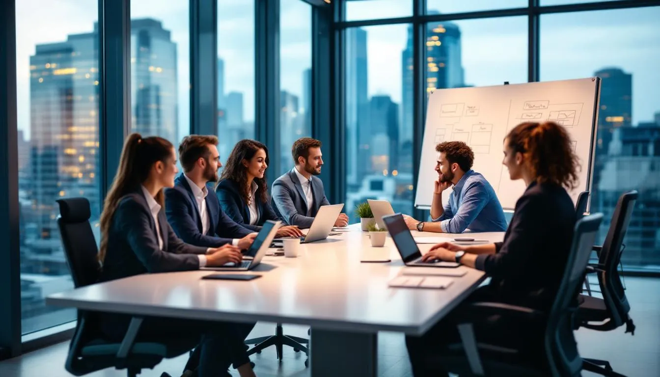 In a modern conference room, a diverse team of professionals collaborates on creating engaging webinar content, utilizing advanced features of various webinar platforms to enhance their virtual events. They discuss strategies for effective webinar promotion and the costs associated with hosting successful webinars.