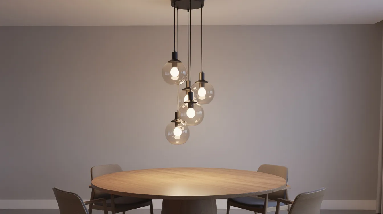 En imponerande taklampa med flera glasglobor hängande på olika höjder över ett runt matbord, vilket skapar en modern och stilren atmosfär i rummet. Lamporna ger ett bra ljus och passar perfekt i hem med högt i tak.