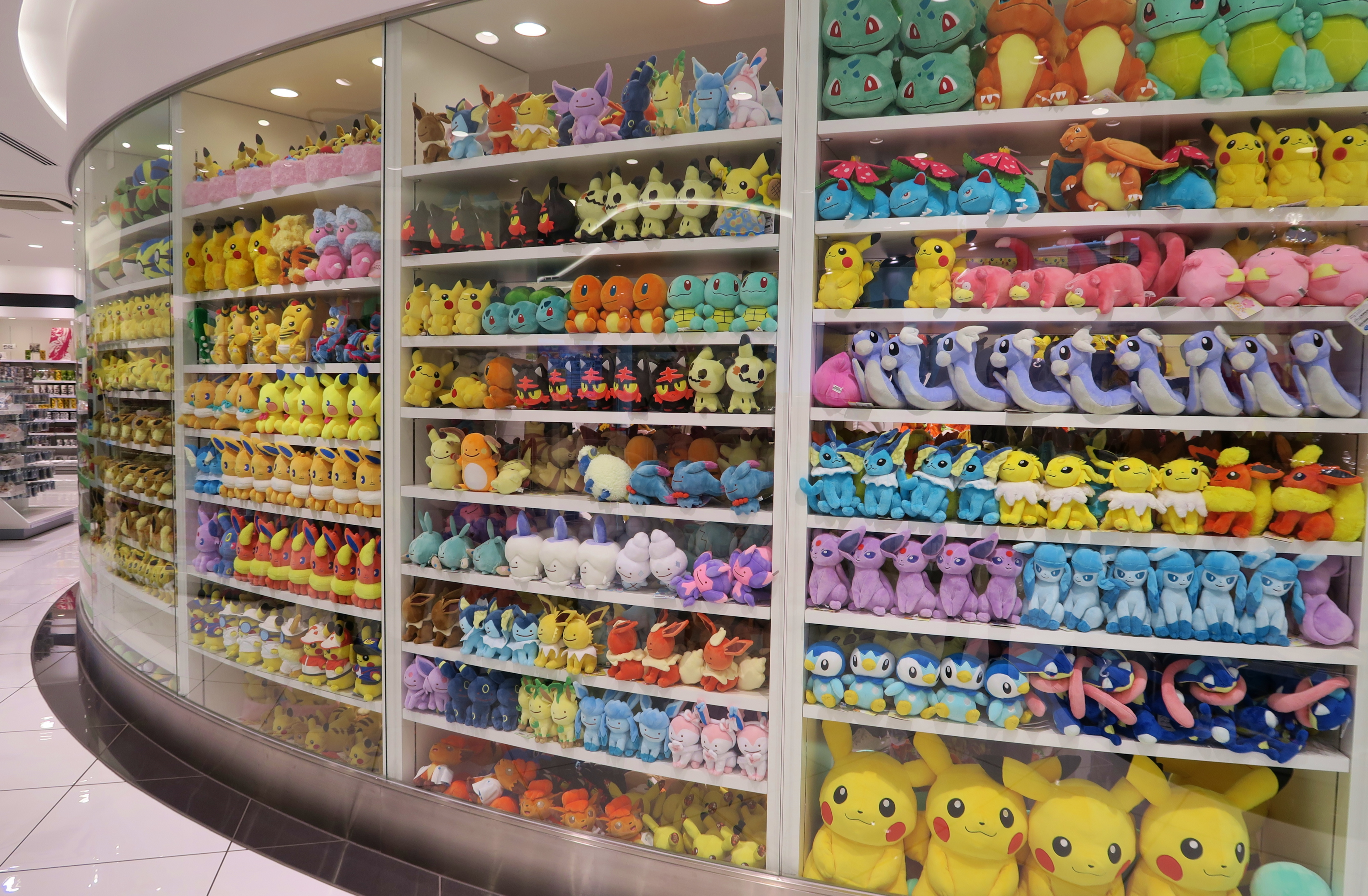 Rows of plushies in Pokémon Center