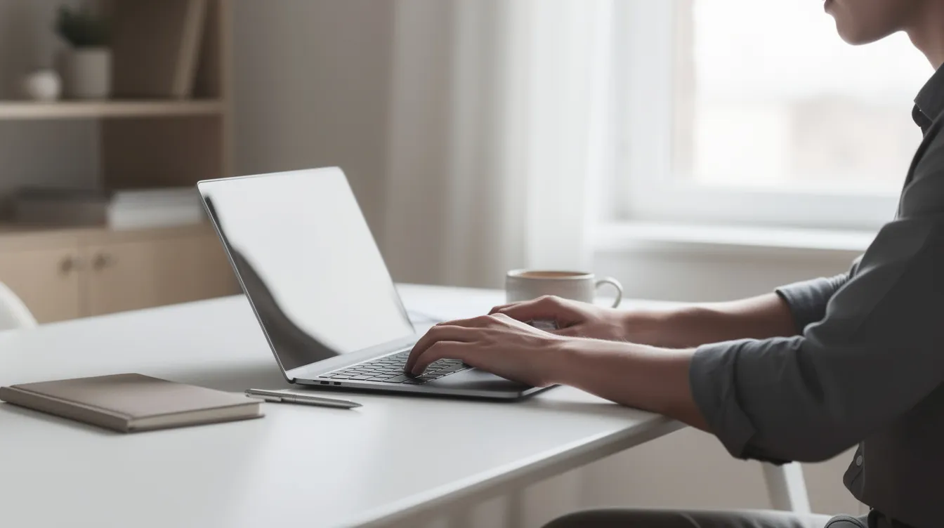 A person is focused on typing on a laptop at a clean, modern desk, with a coffee cup placed nearby, suggesting a productive work environment ideal for writing cold email templates or planning effective cold email outreach strategies. The scene conveys a sense of professionalism and concentration, perfect for generating valuable resources for sales teams.